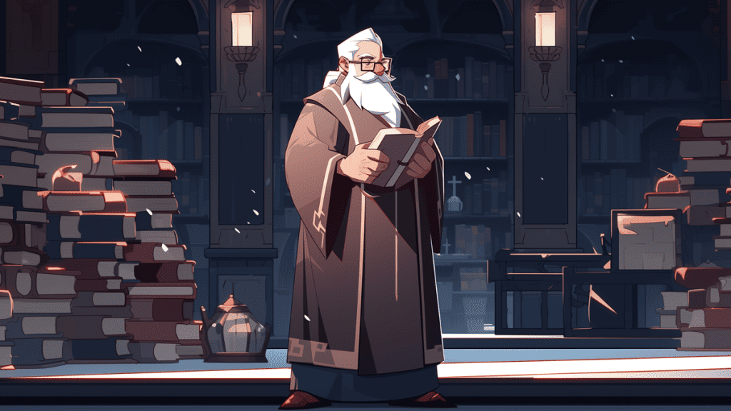 a professor studying history books in the library
