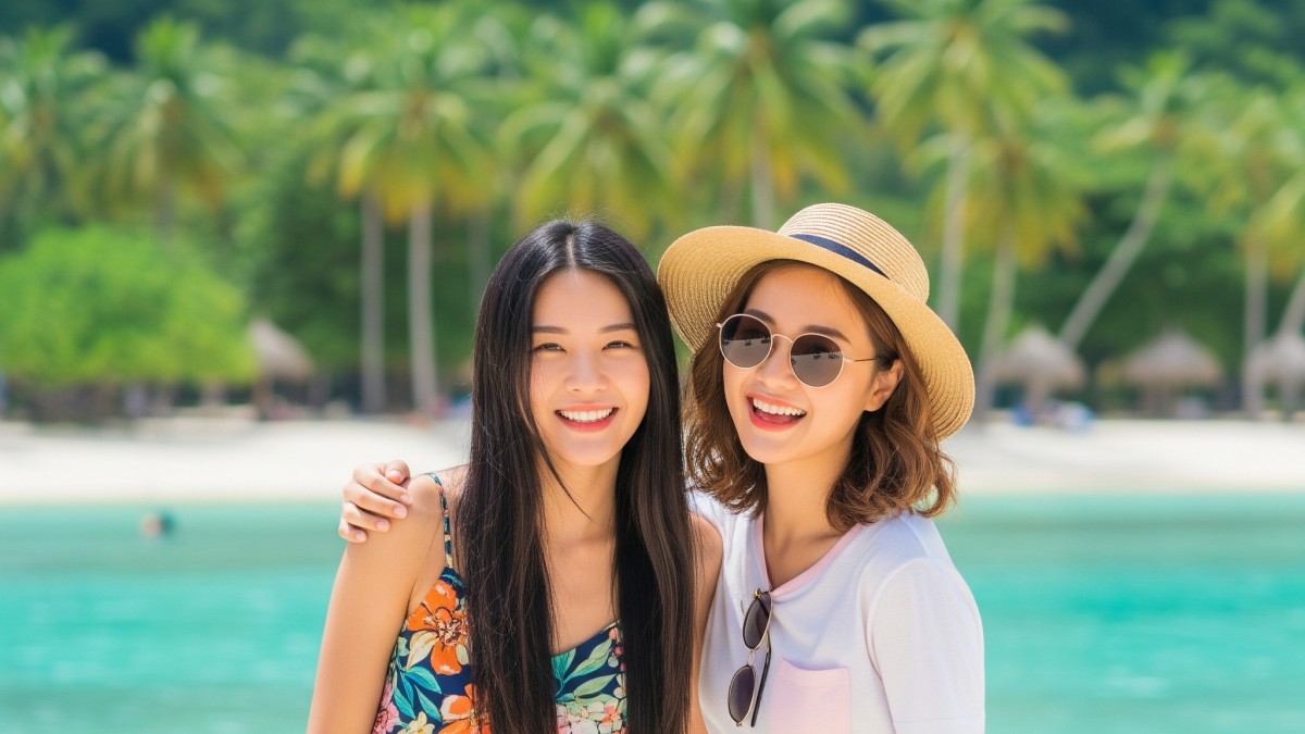 two best friends posing for a vacation photo